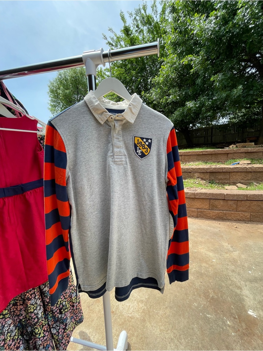 Lands' End Gray Polo with Navy & Orange Striped Sleeves size XL, 18-20 #015